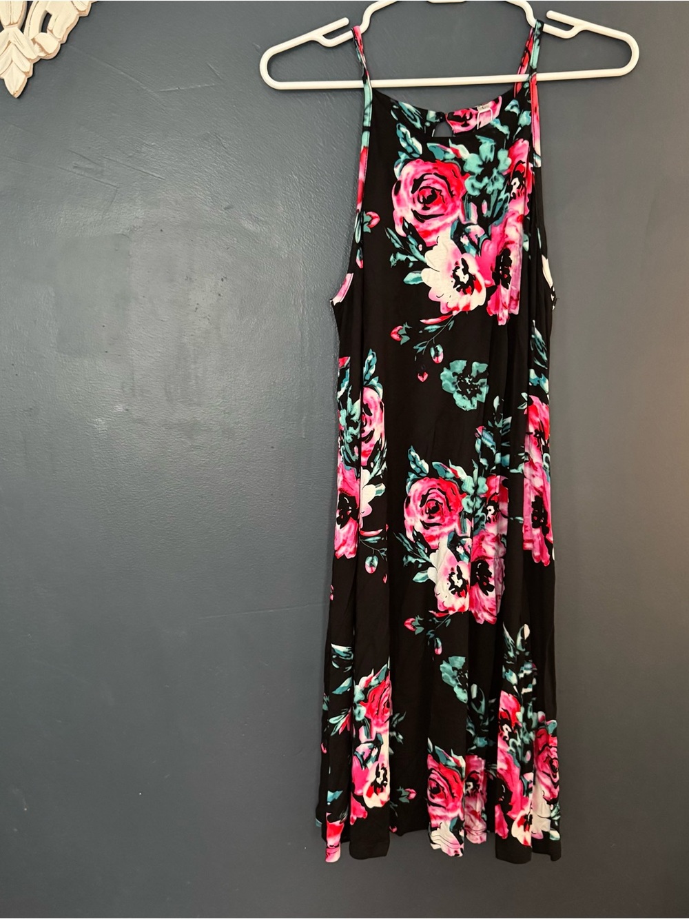 Floral Spaghetti-Strap Boutique Dress - Black with Pink Roses